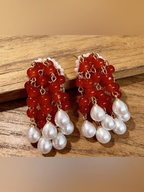 Red Beaded Pearl Drop Earrings - Women Jewelry